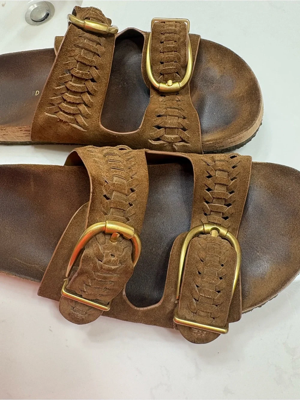 Veronica Beard Brown Suede Double-Band Sandals with Brass Buckles